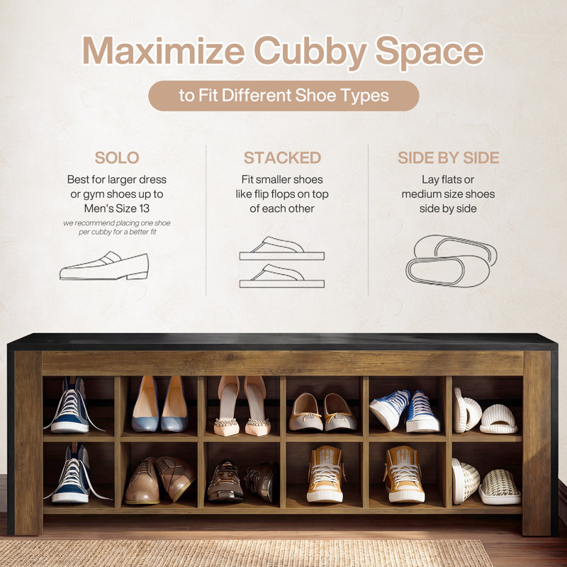 48.6" Farmhouse Shoe Storage Bench With 12 Cubbies, Black Entryway Bench , Mudroom Shoe Rack Bench With Narrow Cubbies For Living Room