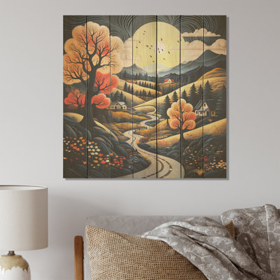Paysage coloré coloré de fantaisie II - paysage romantique sur bois