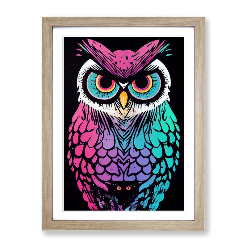Neon Owl - Single Picture Frame Print, 64cm H x 46cm W x 2cm D, Oak