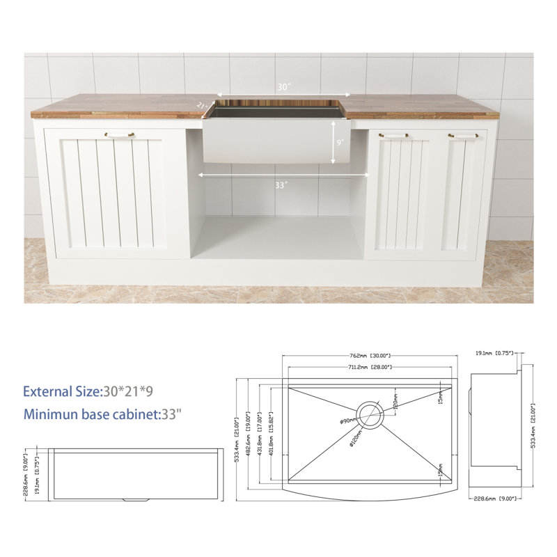 Station de travail 30 Farmhouse - évier de cuisine 30 * 21 * 9 à tablier frontal en acier inoxydable de calibre 18