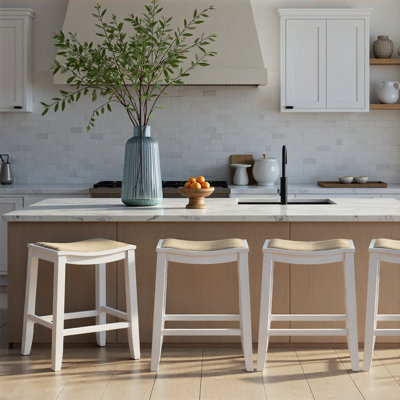 Iyani Coastal Modern Wood Counter Height Kitchen Bar Stool In White Finish With Dune Cloud Fabric Upholstered Seat - Set Of 2