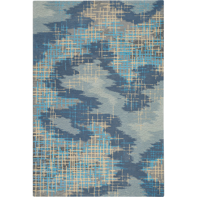 Tapis bleu moderne fait à la main, Rectangle 5 pi 3 po x 7 pi 9 po