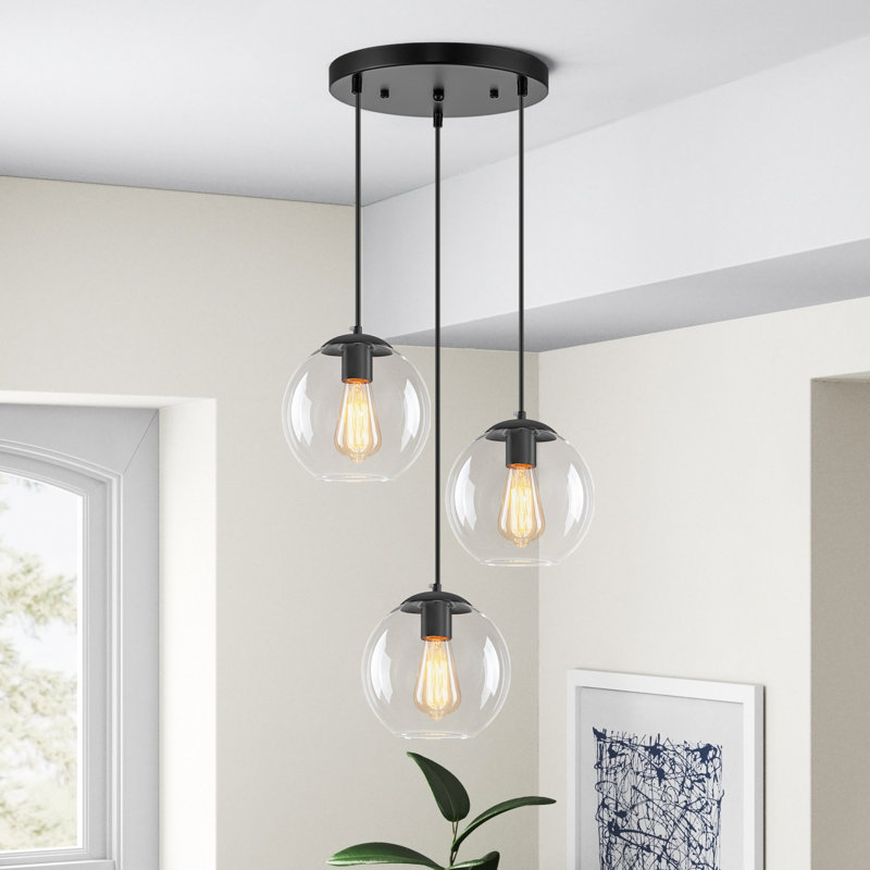 3-Light Globe Glass  Cluster Pendants, Matte Black, 3