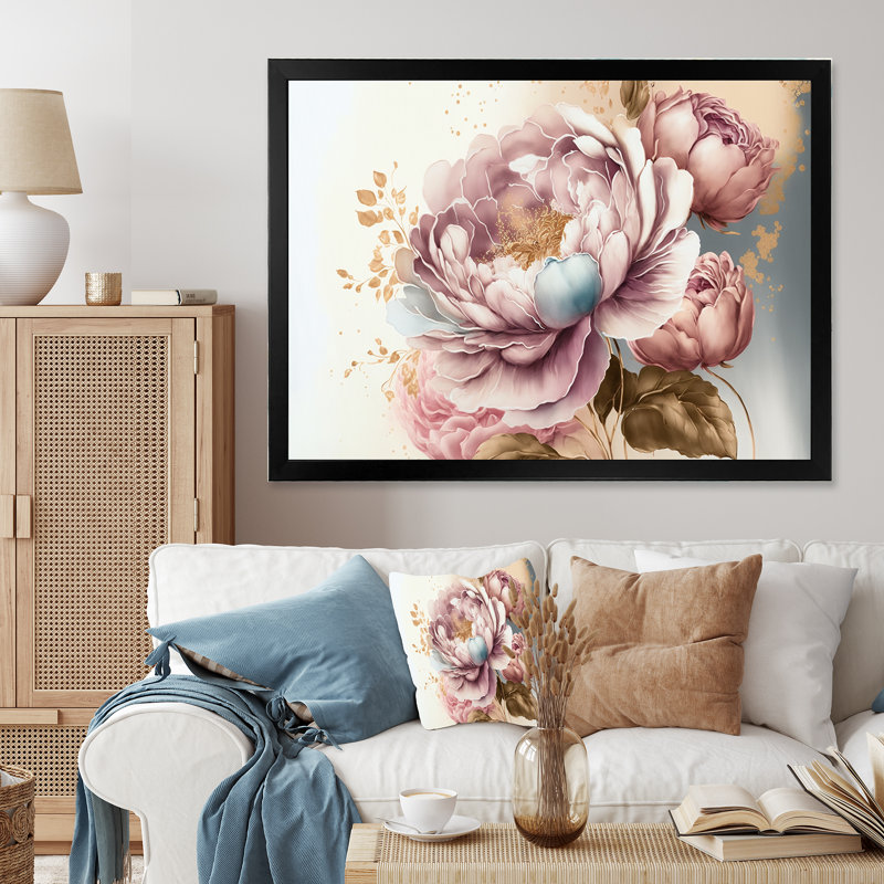 Rose et or rose II - Art mural encadré rose, Impression noire sur toile encadrée, H 12 po x l 20 po x P 1 po