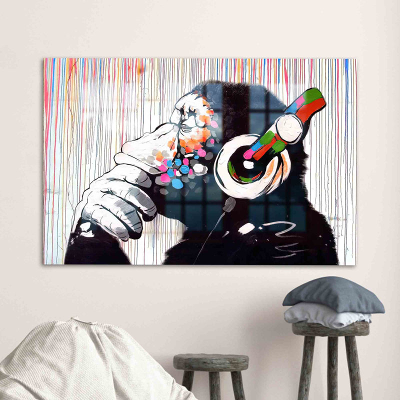 Abstrait singe méditant en verre trempé, art mural pour décoration intérieure moderne | Rectangle, H 35,4 po x l 59,1 po
