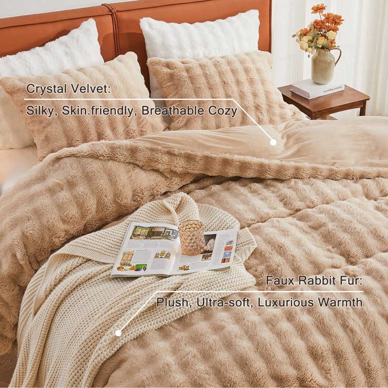 Ensemble de literie à poil long EMME Luxury Elegant Shaggy Bubble, Housse de couette pour grand lit + 2 taies décora, Chameau