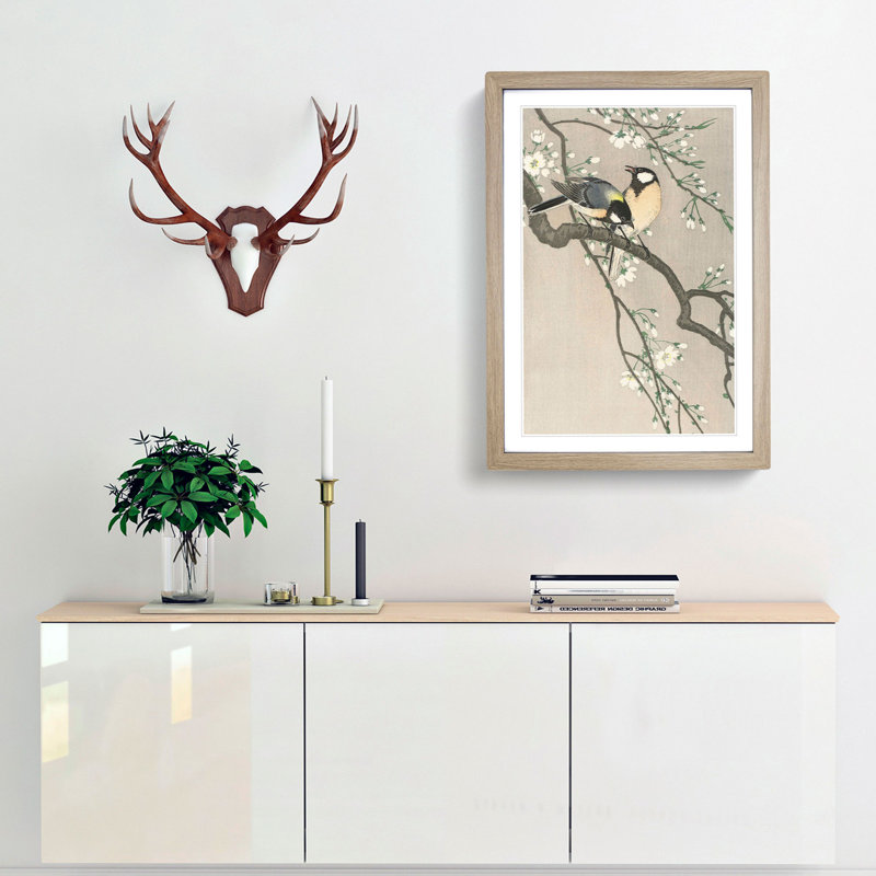 Tits on a Cherry Branch by Ohara Koson - Picture Frame Painting Print, 65cm H x 48cm W x 2cm D, Oak Framed