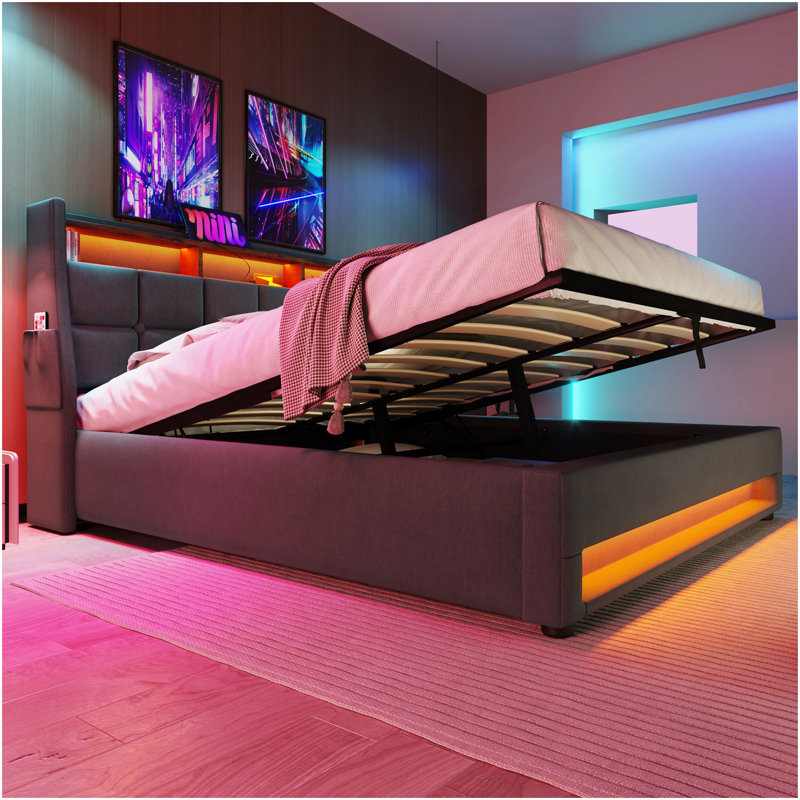 Grand lit plateforme tapissier avec système de rangement hydraulique, charge DEL et USB, gris (sans matelas), Gris, Grand lit