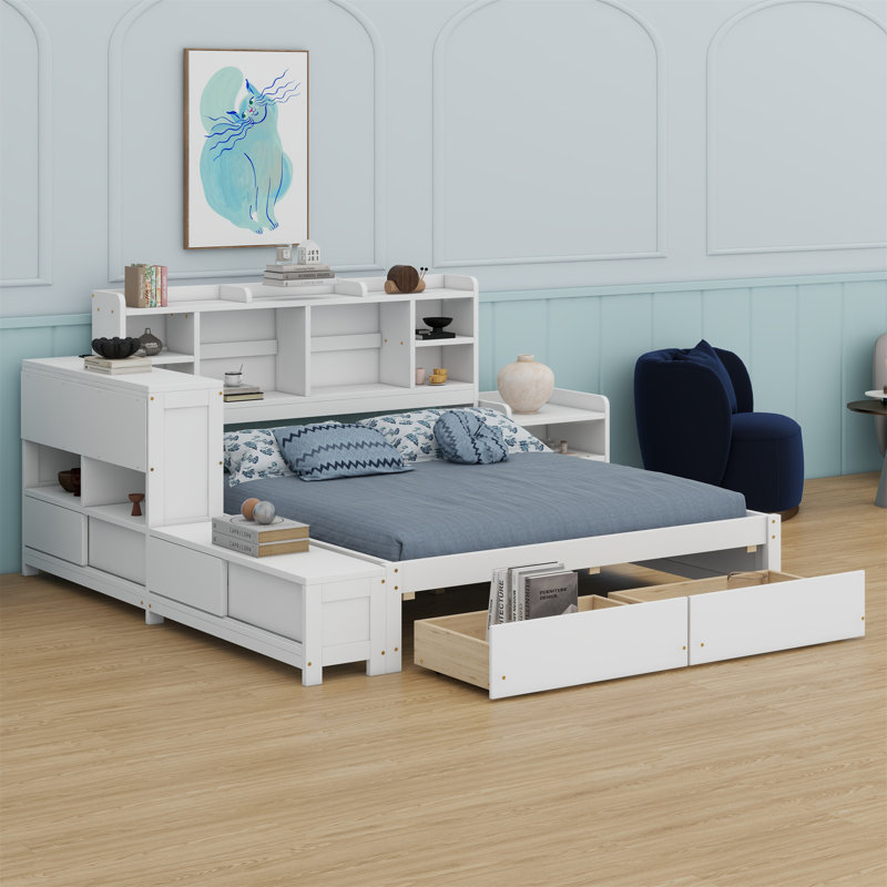 Lit plateforme en bois avec espace de rangement multifonctionnel, table de chevet, 2 tiroirs, ports USB et bureau, Blanc