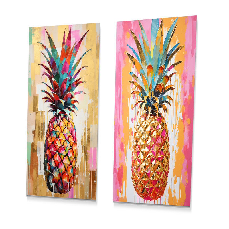 Golden Geometric Pineapple Fruit - ensemble de 2 reproductions d'art en métal, H 28 po x l 24 po