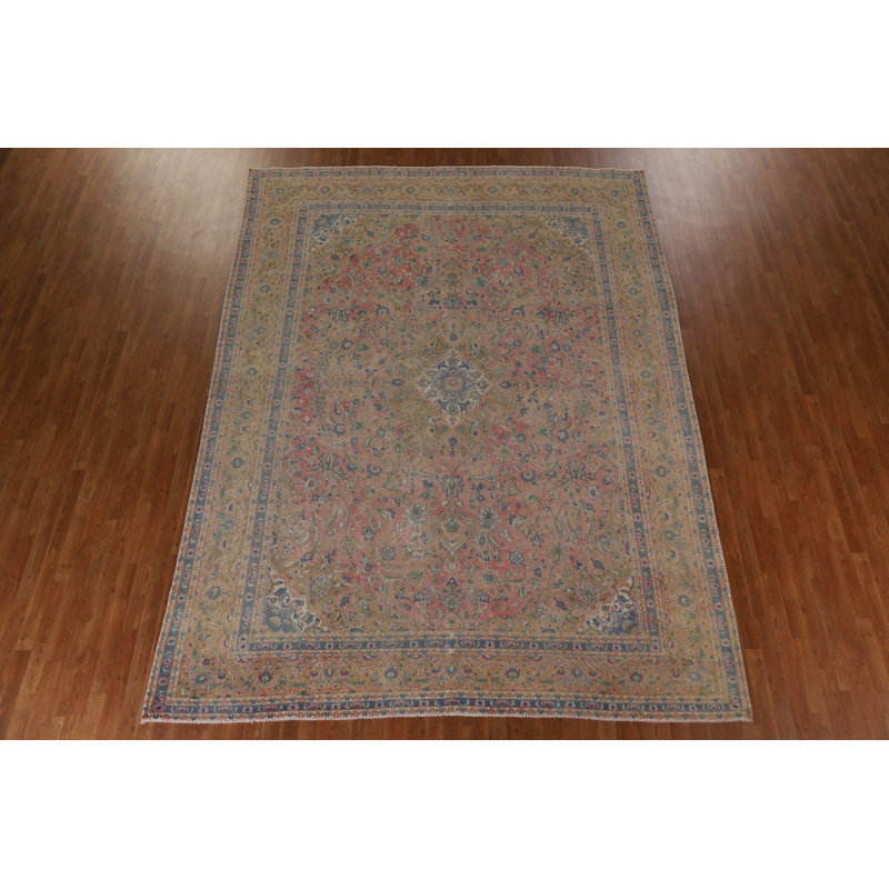 Tapis unique en laine noué à la main de style années 1960 de 9 pi 4 po x 12 pi 7 po Libby gris / vert / rose