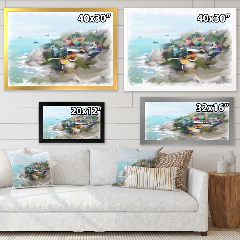 Maison de rêve par le paysage marin - peinture sur toile, H 24 po x l 32 po, Toile blanche avec cadre d'angle fermé