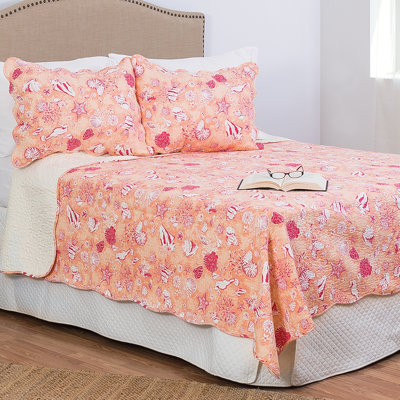 Lagoon Peach Cotton Reversible Quilt Set