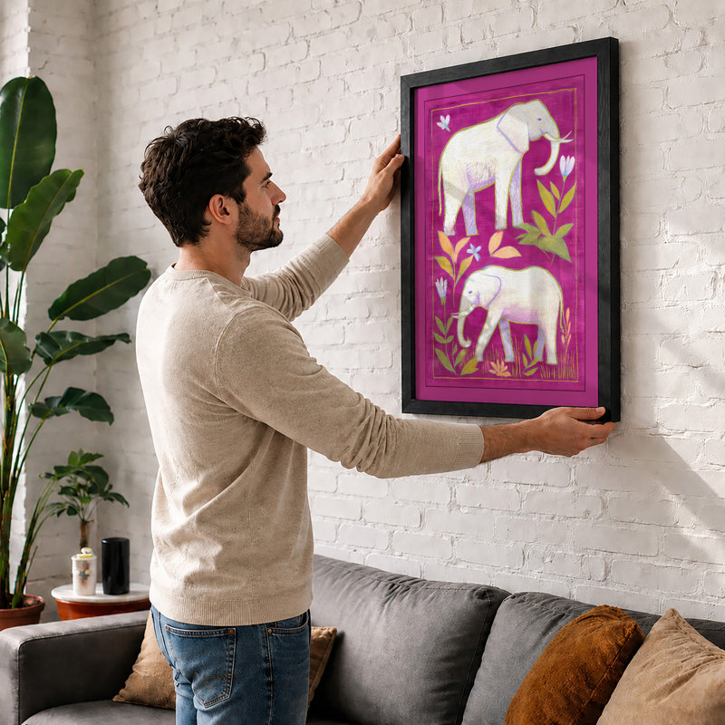 Symmetrical Elephants and Bloom Eclectic 1 Piece Single Picture Frame Wall Art, A1 - 84.1 x 59.4 cm, Black