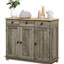 Rangement de comptoir en bois massif - gris, 3 tiroirs, portes, tablette réglable pour répondre à vos besoins quotidiens en matière de cuisine avec assiettes, casseroles, poêles, ustensiles, serviettes de table