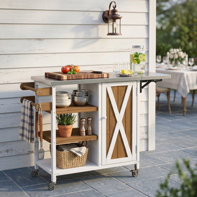 Îlot de cuisine pliable 39,7 po, chariot en bois massif avec plateau en acier inoxydable et roues verrouillables, blanc et brun
