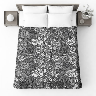 Black Floral Quilted Thin Bedspread