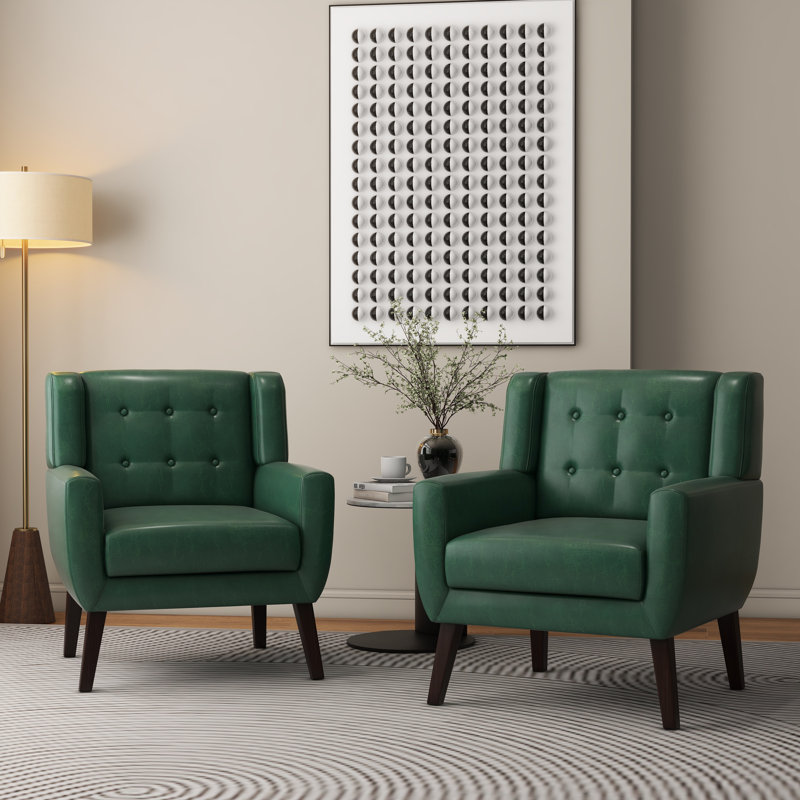 Jaqueze Upholstered Green Faux Leather Tufted Square Arm Accent chair, Green Faux Leather