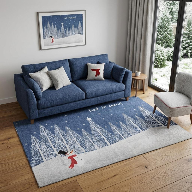 Tapis lavable bonhomme de neige 5 pi x 8 pi bleu et blanc avec protection UV