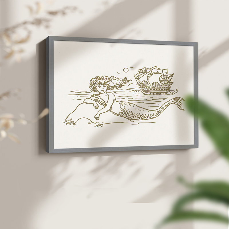 Sunning Mermaid II -Framed Print - Restickable, Gray, 16" H x 20" W