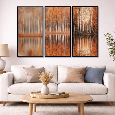 «Birch Tree Lake in Autumn - Orange Birch Trees», ensemble de 3 peintures murales encadrées