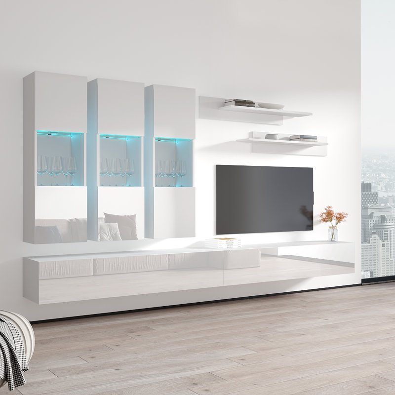 Meuble audio-vidéo mural flottant moderne de 126 po avec éclairage à DEL 16 couleurs Nardi, Blanc