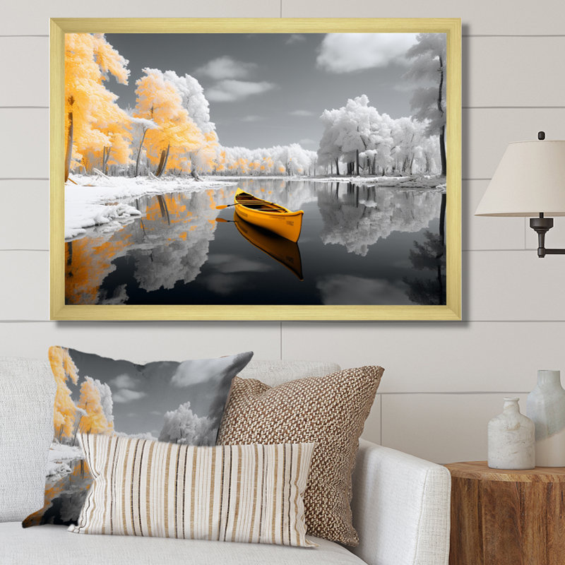 Jaune et gris Winter Lake I sur impression sur toile, H 12 po x l 20 po x P 1 po, Cadre doré à une seule photo