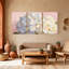 Hortensia sur fond rose doux avec fleurs blanches et mauves, ensemble de 3 impressions sur toile-1934577511