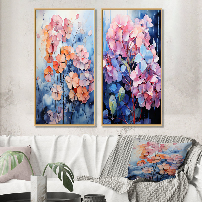 Hortensias bleus et mauves - ensemble de salon art mural 2 hortensias, H 32 po x l 33 po, Encadrement brun