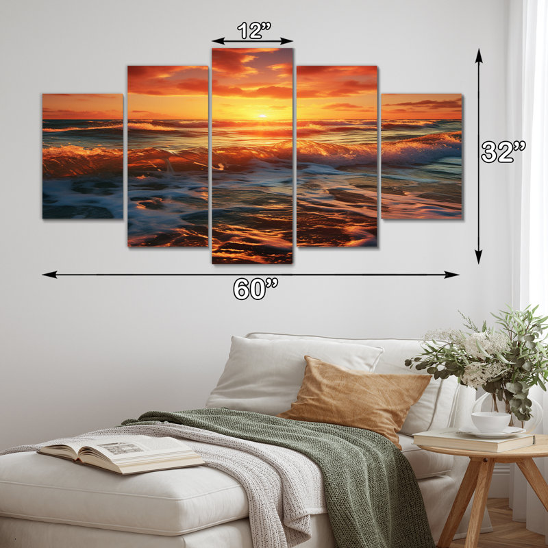  «Peach Sunrise Ocean Horizons II - Reproduction d'art nautique et plage - 5 panneaux
