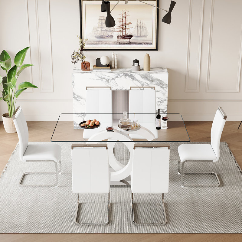 Glass Top Dining Table Sets, 7, White/Silver