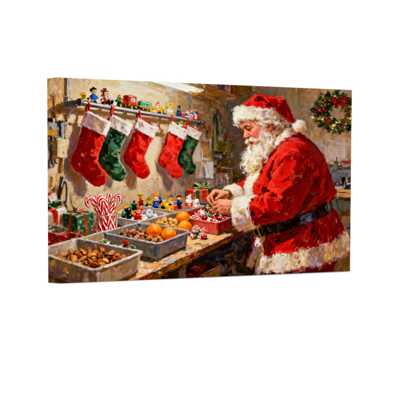 Noël, père Noël, confection de cadeaux dans un atelier, H 20 po x l 30 po