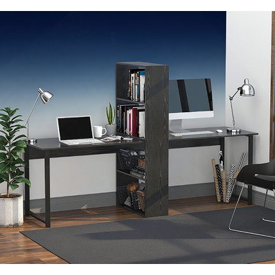 Bureau d'ordinateur long avec tablettes de rangement, table de travail double avec rangement pour bureau personnel et bibliothèque