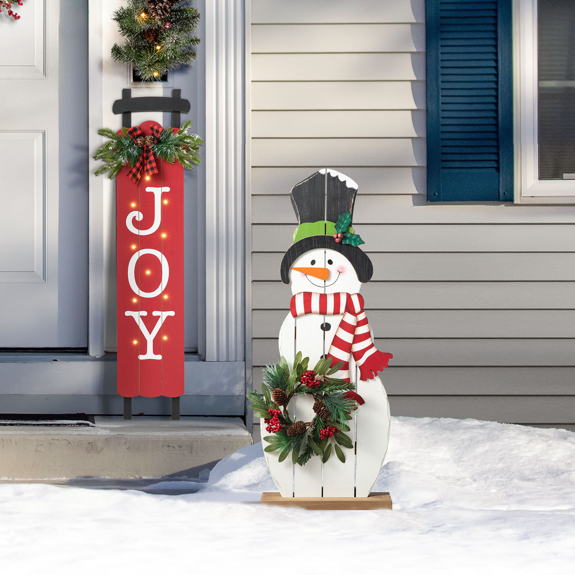 36"H Christmas Wooden Metal Snowman Porch Decor With Floral Wreath(KD)