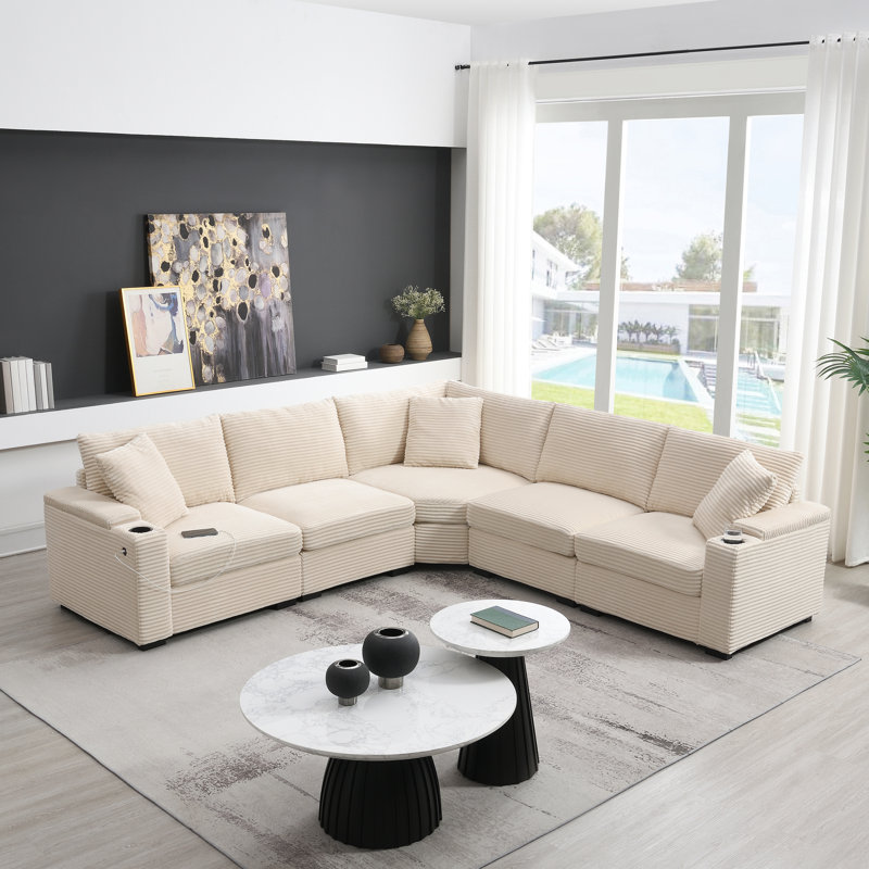 Canapé modulaire en tissu velours côtelé 5 places, Velours côtelé gris