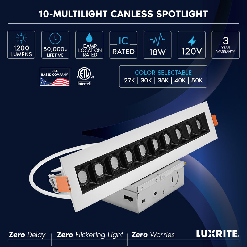 Plafonnier linéaire encastré à DEL sans tête à 10 têtes LUXRITE, 5 lumières CCT, CRI90, 18 W, 1 lumière 1200LM, intensité variable, 120 V et intensité variable, paquet de 2