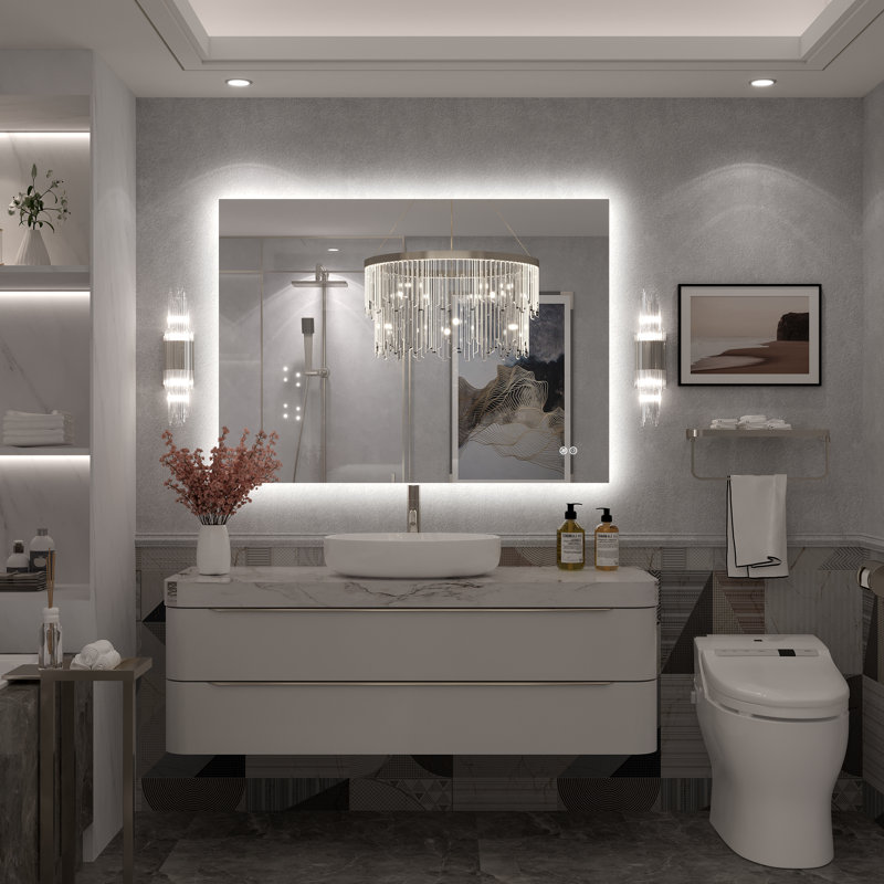 Molly Frameless Anti-Fog 3 Colors Dimmable LED Backlit Wall Bathroom Vanity Mirror, 44" x 32", Rectangle
