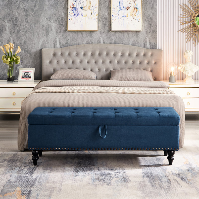 Banc de rangement 59 po avec lin bleu, pour diverses pièces, bouton, pièce de fabrication en bois massif en tissu, chambre à coucher, salon et couloir, caractéristique