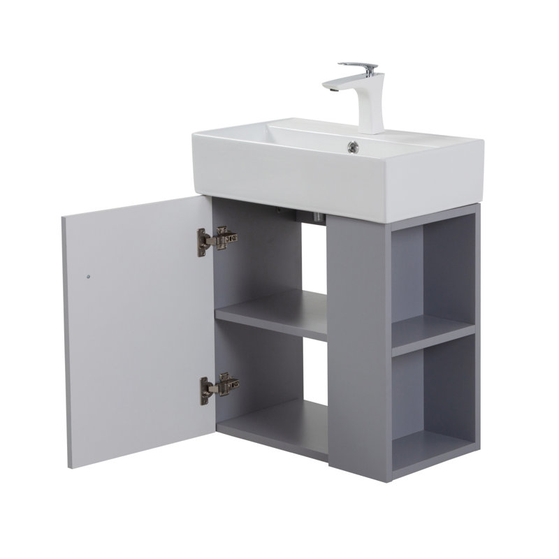 Meuble-lavabo mural 21,6 po avec lavabo en céramique, porte à fermeture douce, tablette de rangement flottante droite, assemblage requis, gris GF-25VB06-21MGR (W1573S00093)