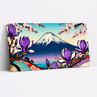 Ensemble de 1 tableau sur toile tendue de style japonais représentant le mont Fuji en fleurs et un magnolia violet