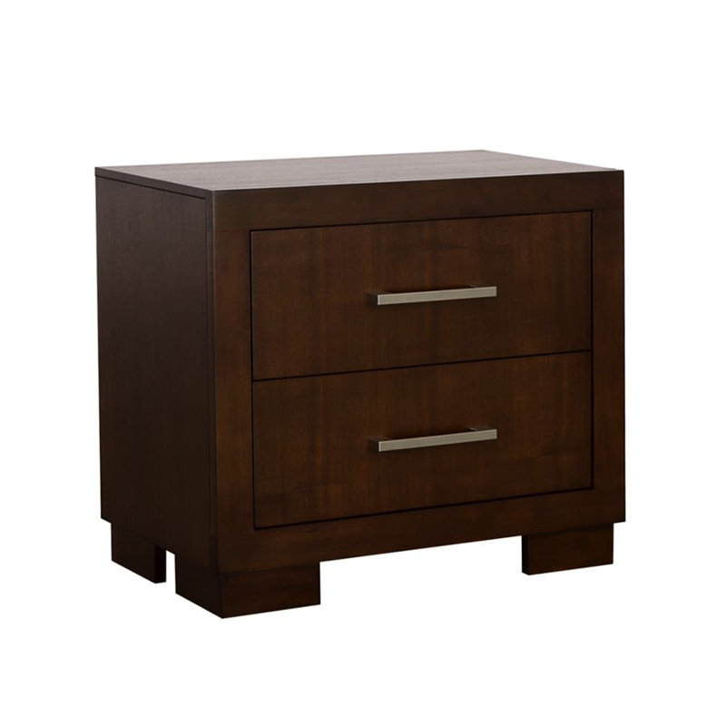 Table de chevet 2 tiroirs au fini cappuccino pour la chambre à coucher - fabrication de panneaux de particules avec poignées feutrées et ton argent foncé