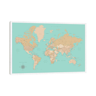 Vintage Style Teal And Brown World Map With Cities 1 Piece Wall Art on Canvas