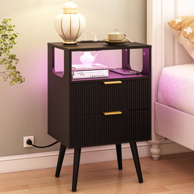 Nightstand With Charging Station And LED Lights,Modern Bedside Table With 2 Storage Drawer And Open Wood Shelf,Night Stand With Solid Wood Legs,(Whit by Brayden Studio