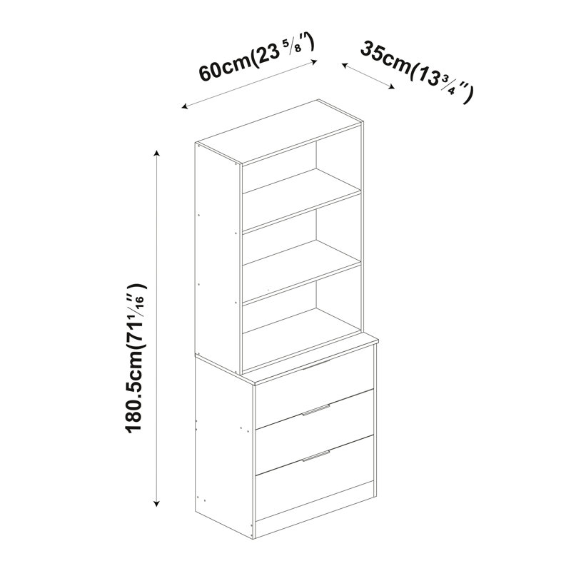 Ophe 180cm H x 60cm W Solid Wood Standard Bookcase, Oak/Black, (3 Shelves) 180cm H x 60cm W x 35cm D