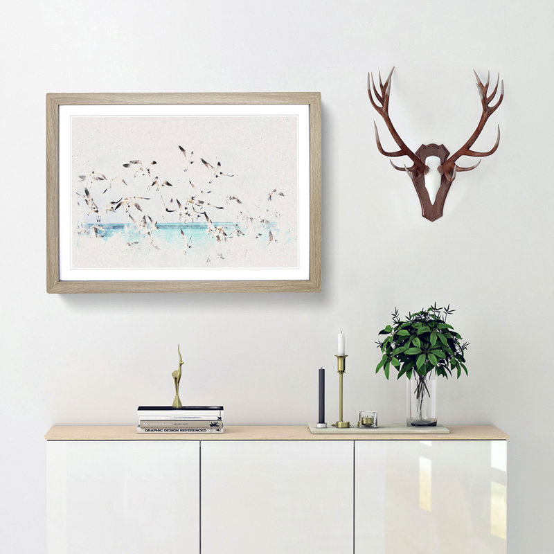 Flock of Seagulls over the Sea - Picture Frame Painting Print, Oak Framed, 62cm H x 87cm W x 2cm D