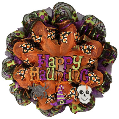 Couronne d'Halloween joyeuse hantise avec araignée, crâne et chapeau de sorcière