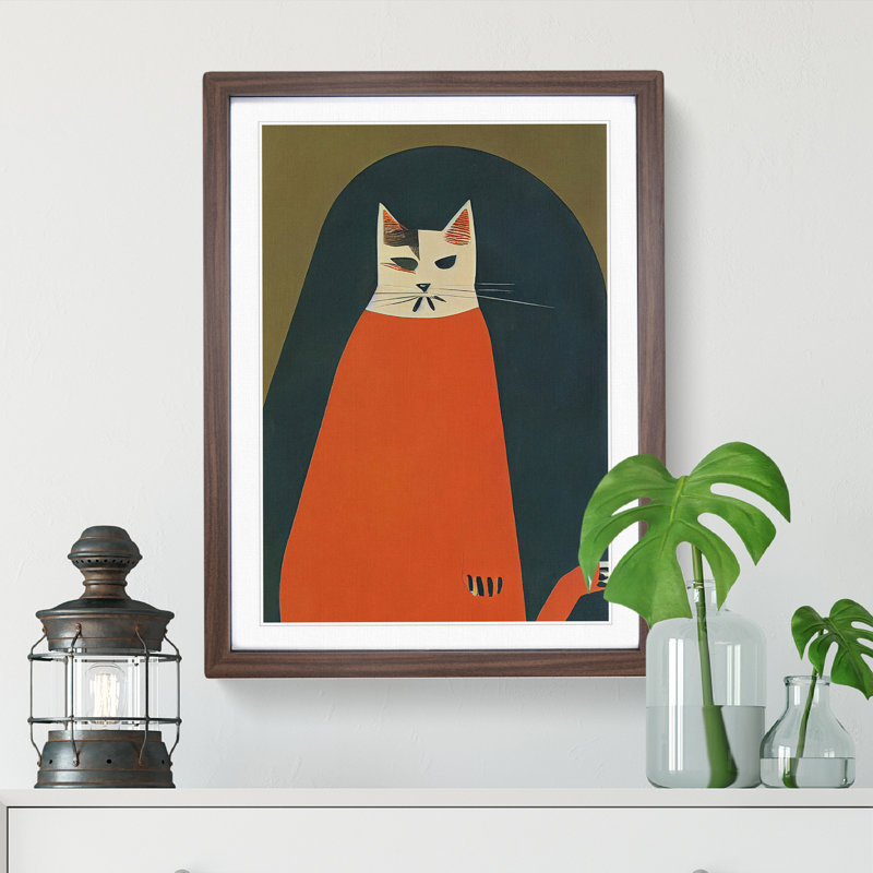 Boho Cat - Single Picture Frame Print, 46cm H x 34cm W x 2cm D, Walnut
