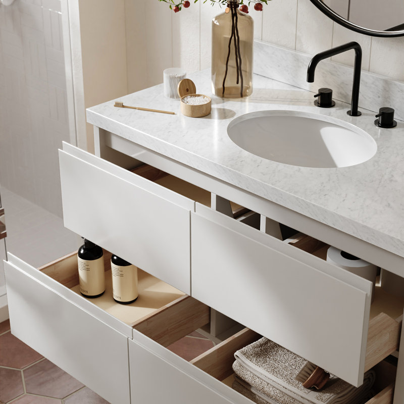   Ensemble de meuble-lavabo mural ovale simple 43 po avec comptoir en marbre de Carrare blanc de 1,5 po Ensuko, Ovale
