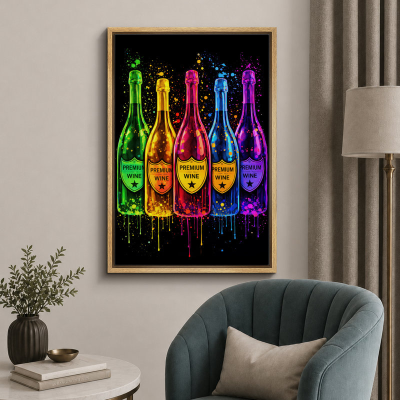 Art de bouteilles de vin néon, photos de salle de bar, impression sur toile encadrée, 24" H x 16" W x 1.5" D, Natural Frame
