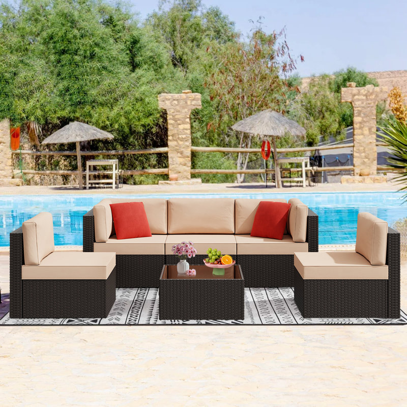 6 Piece Wicker / Rattan Outdoor Sectional Seating Group with Cushions, Brown
